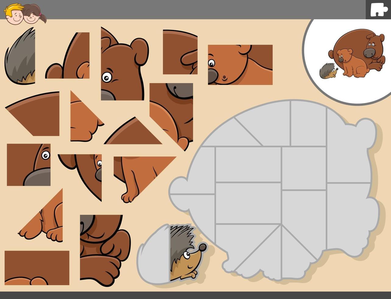 jigsaw puzzle game with bears and hedgehog animal characters vector