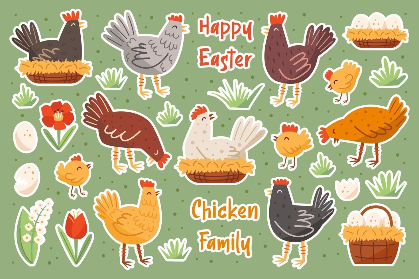 Set of chicken family. Chicken, hen, cock, egg, nest, flower. Happy Easter elements, set of stickers. vector