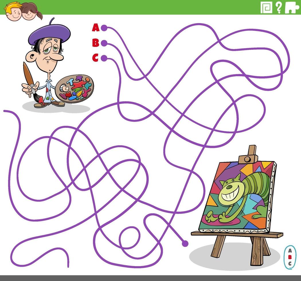 juego de laberinto educativo con pintor de dibujos animados y su pintura vector