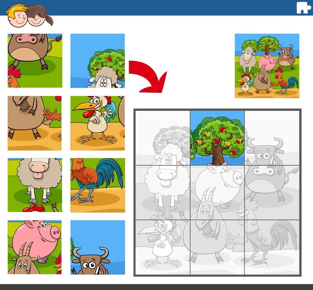 jigsaw puzzle game with comic farm animal characters vector