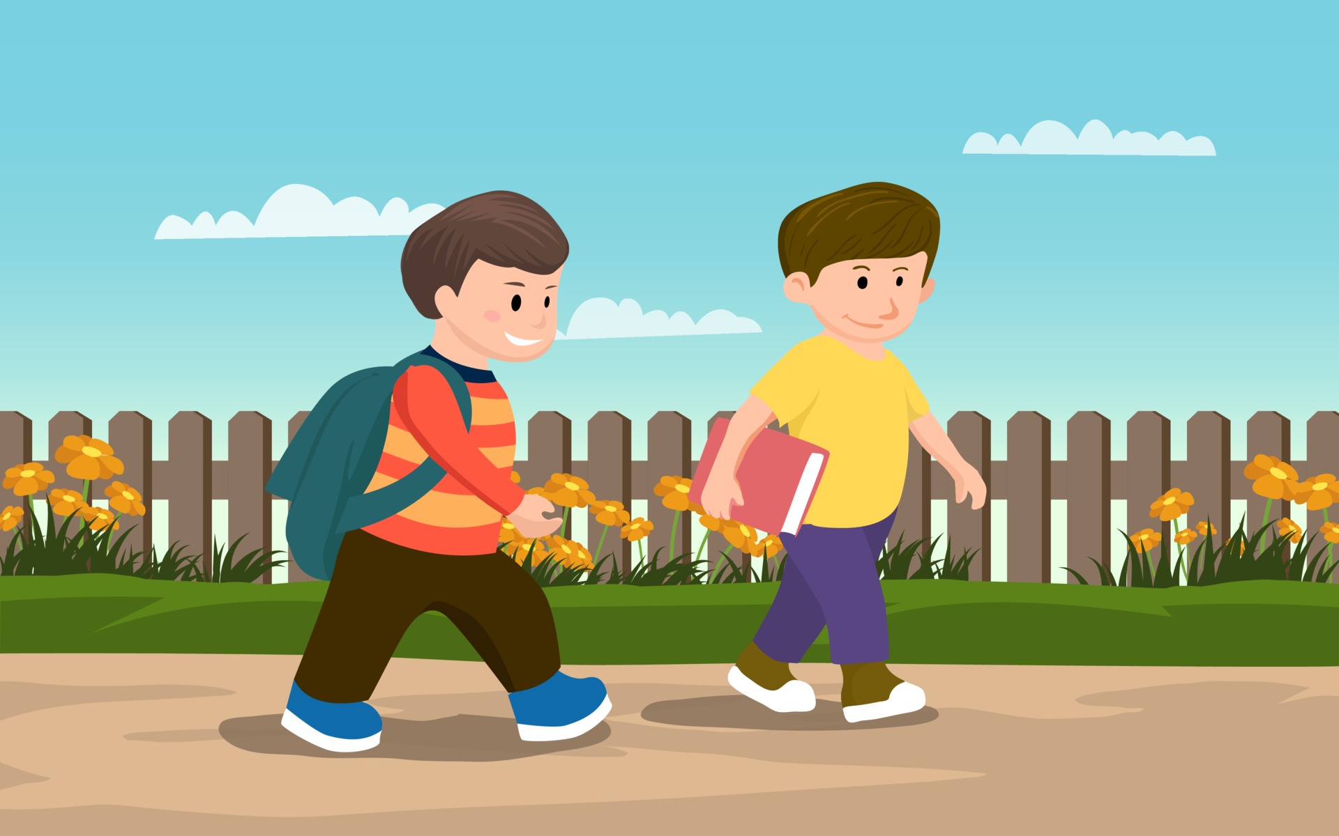 dos niños pequeños caminando en la acera 2042365 Vector en Vecteezy