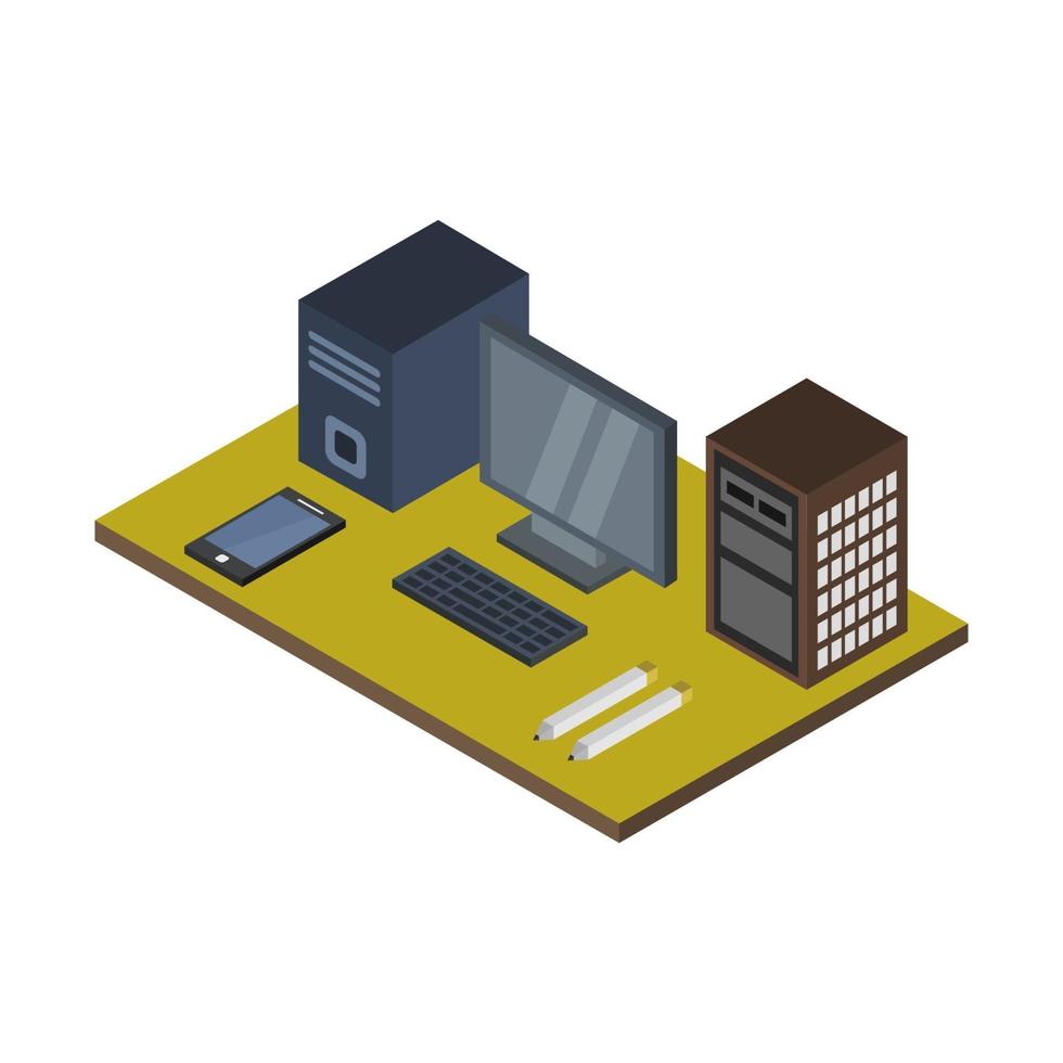 Isometric Office Desk On White Background vector