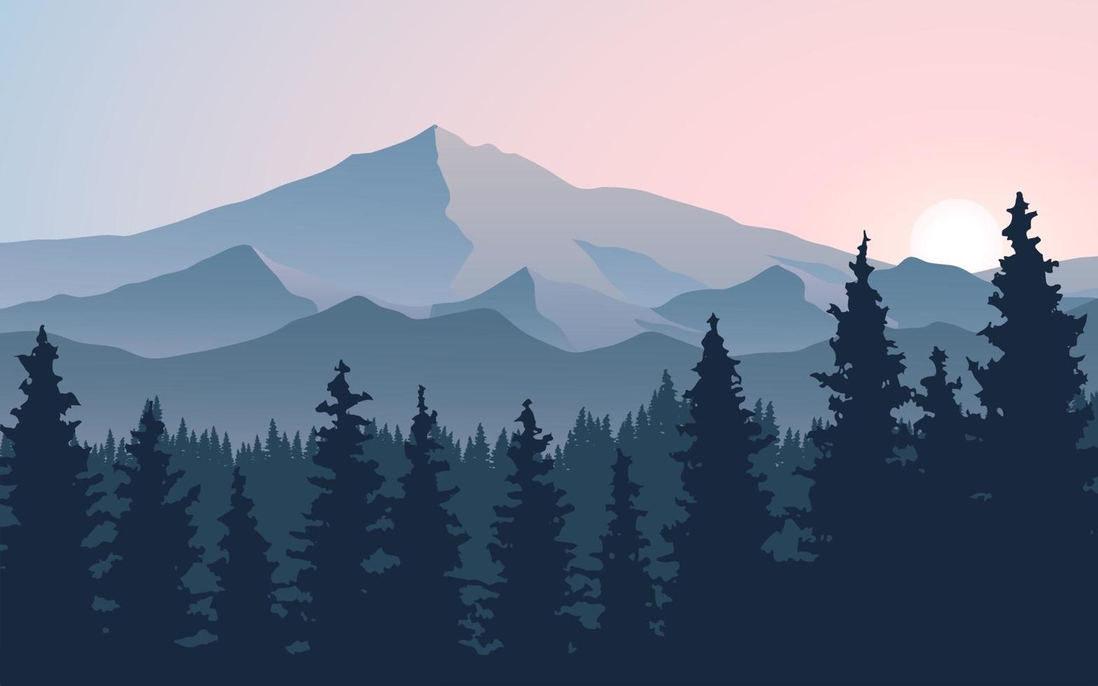 amanecer de montaña con bosque de pinos vector