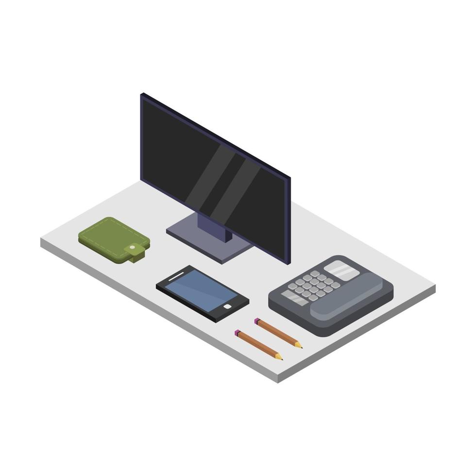 Isometric Office Desk On White Background vector