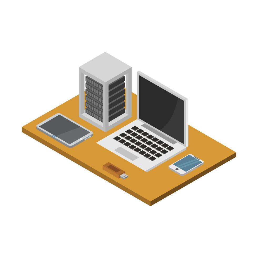 Isometric Office Desk On White Background vector