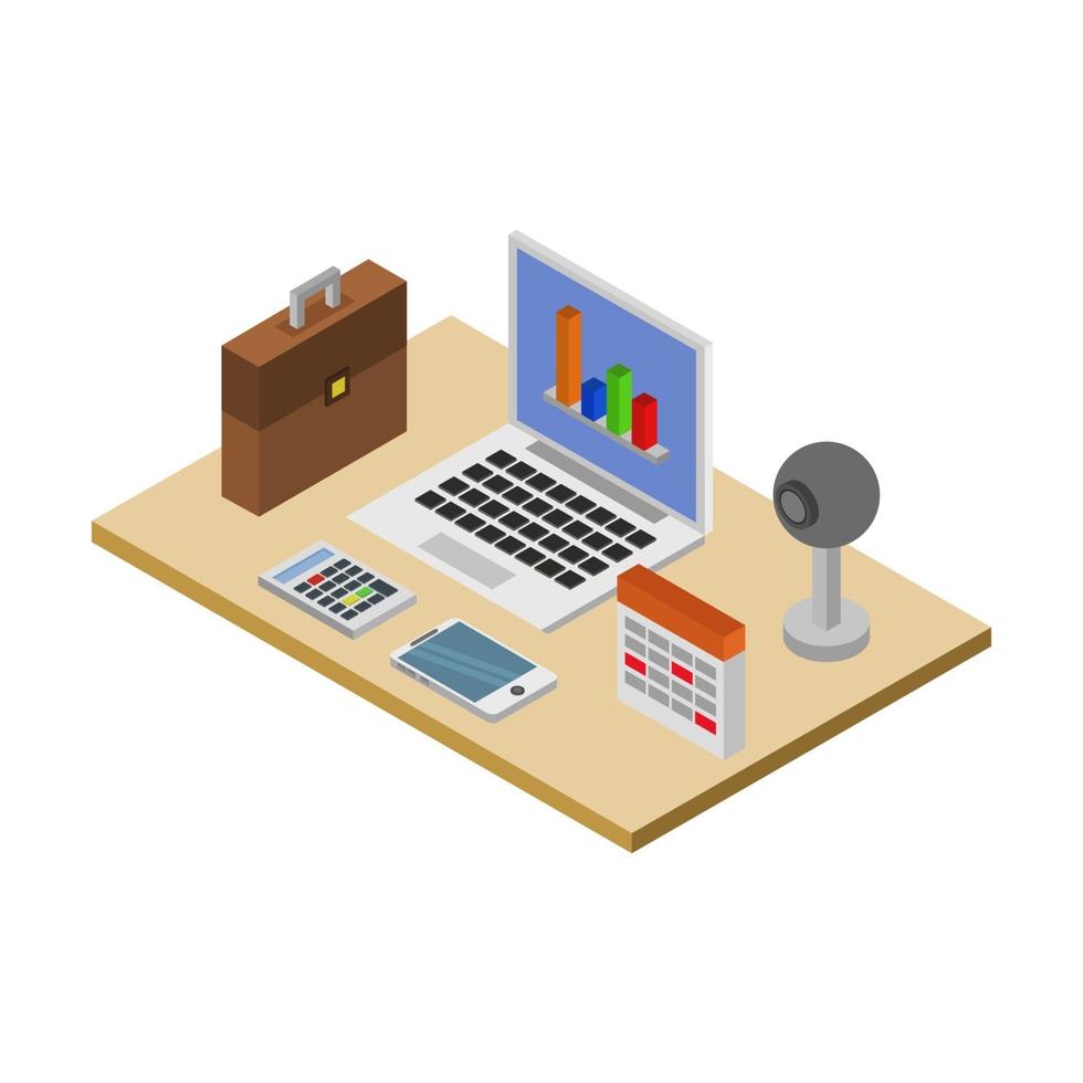 Isometric Office Desk On White Background vector