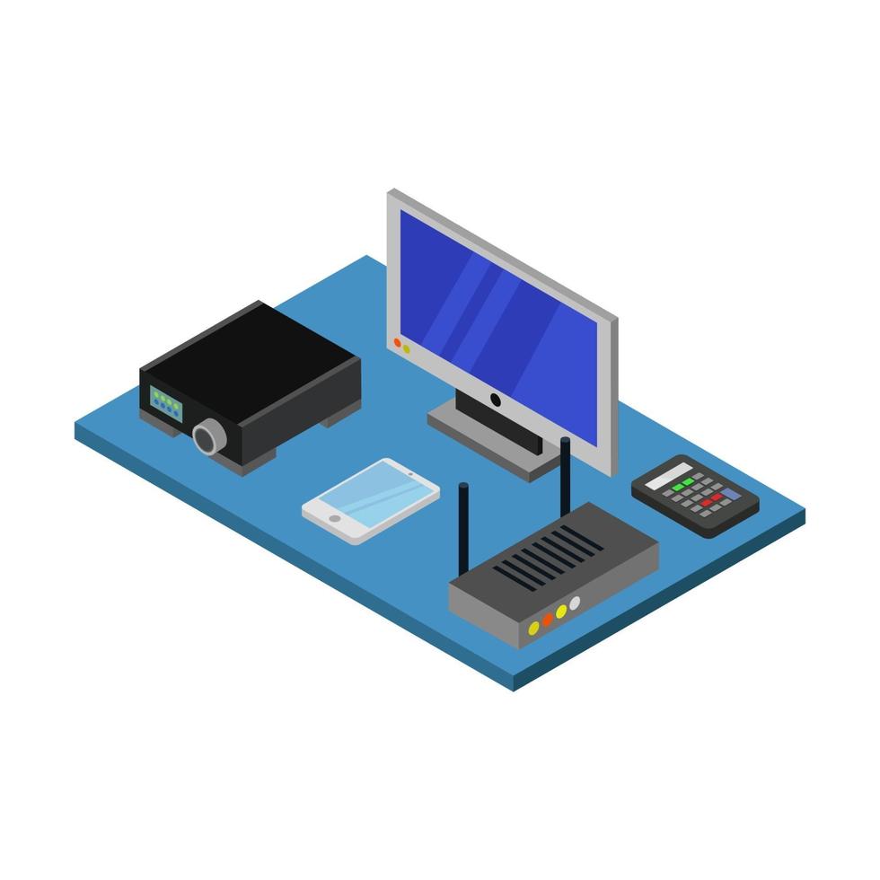 Isometric Office Desk On White Background vector