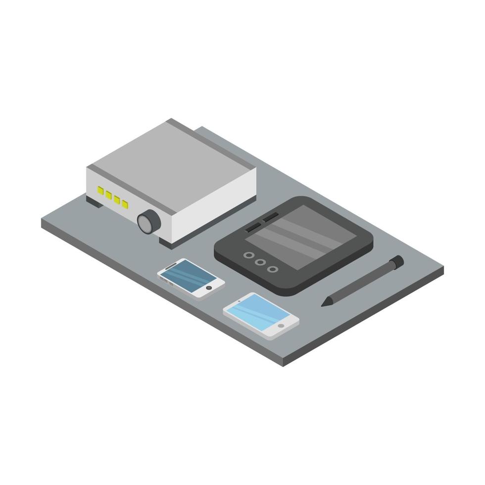 Isometric Office Desk On White Background vector