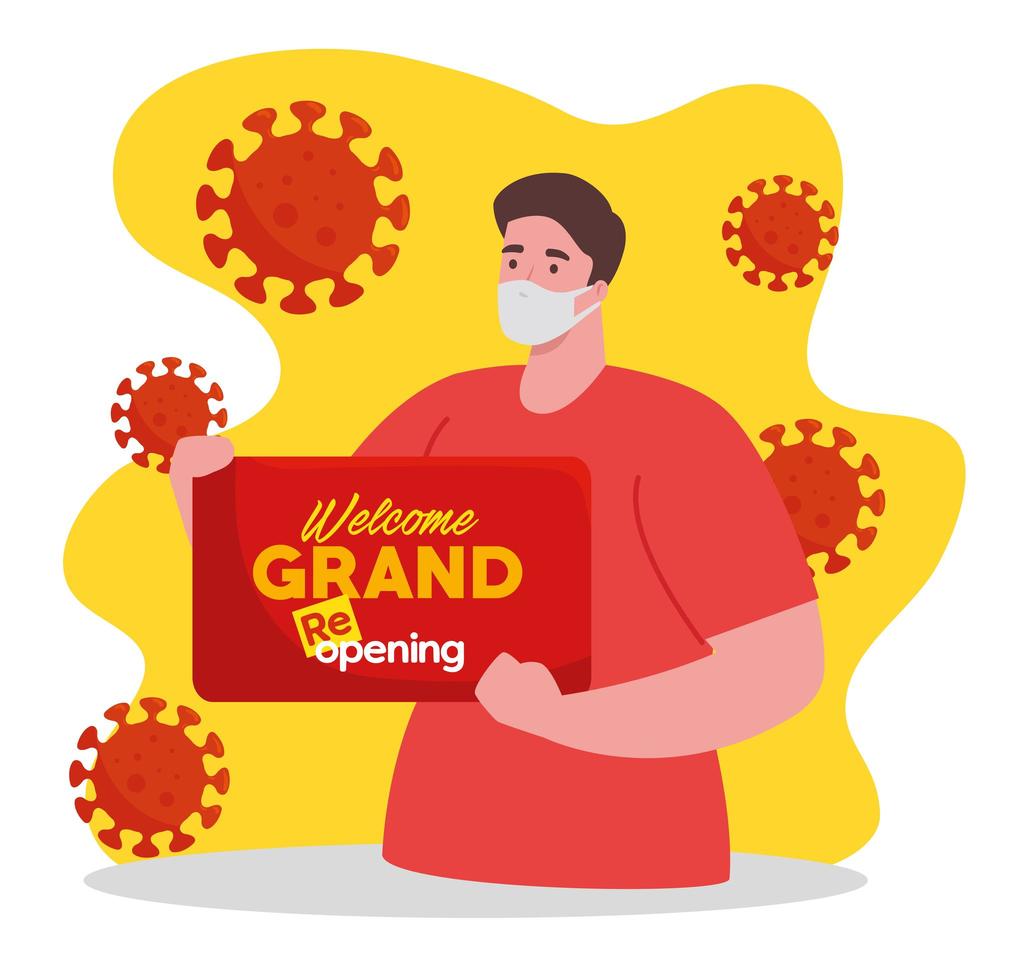 Man with face mask holding a reopening sign vector