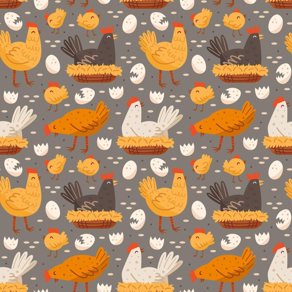 Hen, bird, cock, chicken, egg, nest. Eco food production. Seamless pattern, texture, background. vector