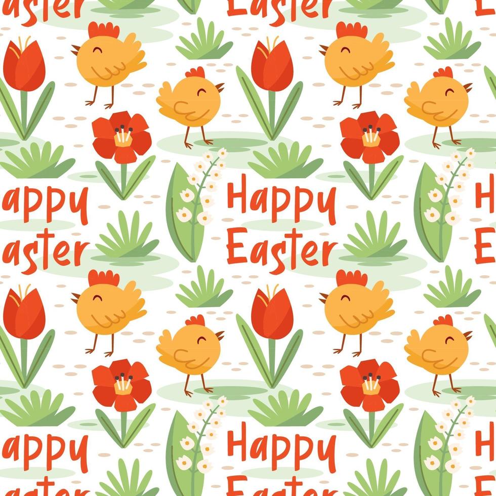 Happy Easter decoration. Chick, chicken, flower, grass. Seamless pattern, texture, background. vector