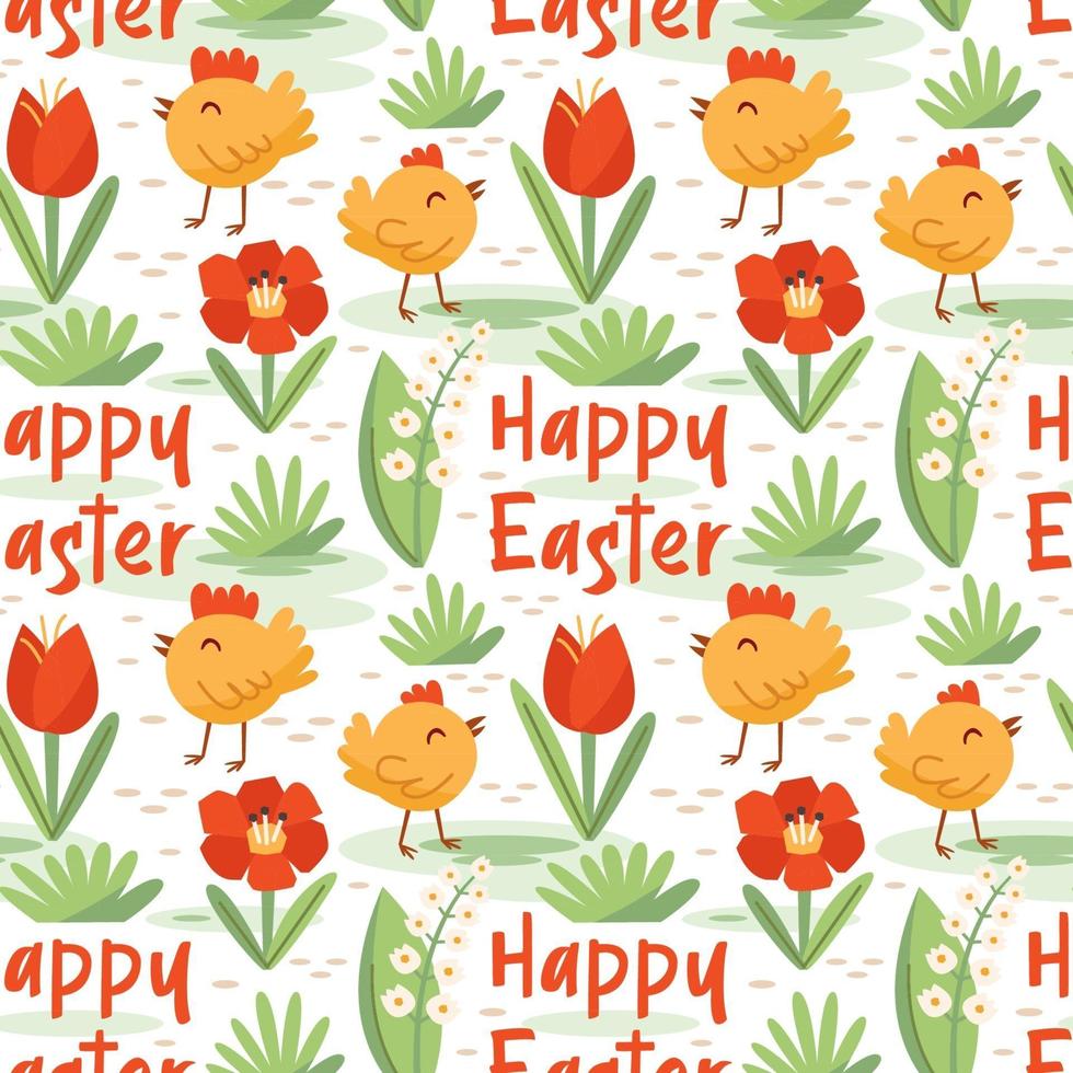 Happy Easter decoration. Chick, chicken, flower, grass. Seamless pattern, texture, background. vector