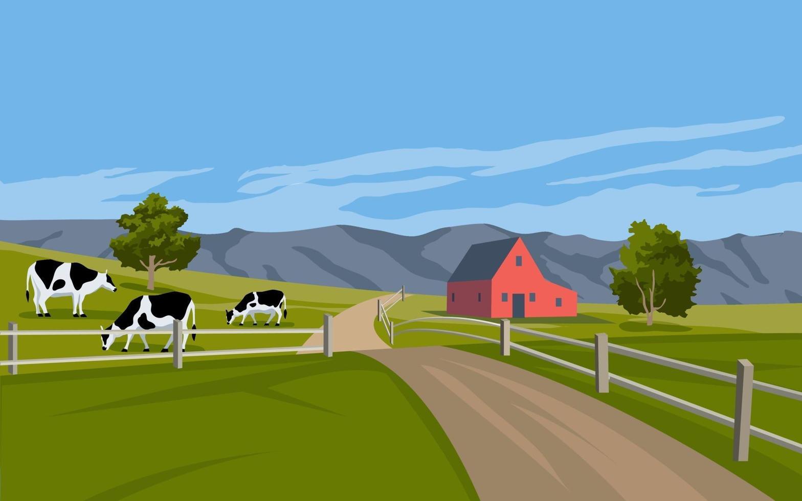 paisaje de campo con ganado y granero vector