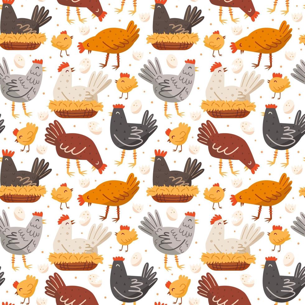 Hen, bird, cock, chicken, chick, egg, nest. Poultry farm, countryside life. Seamless pattern, texture, background. Packaging design. vector