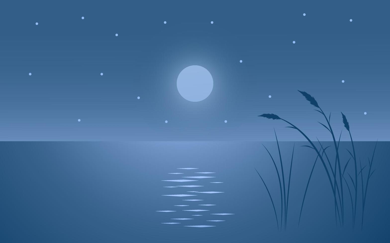 Vector Starry Night with Lake and Grass