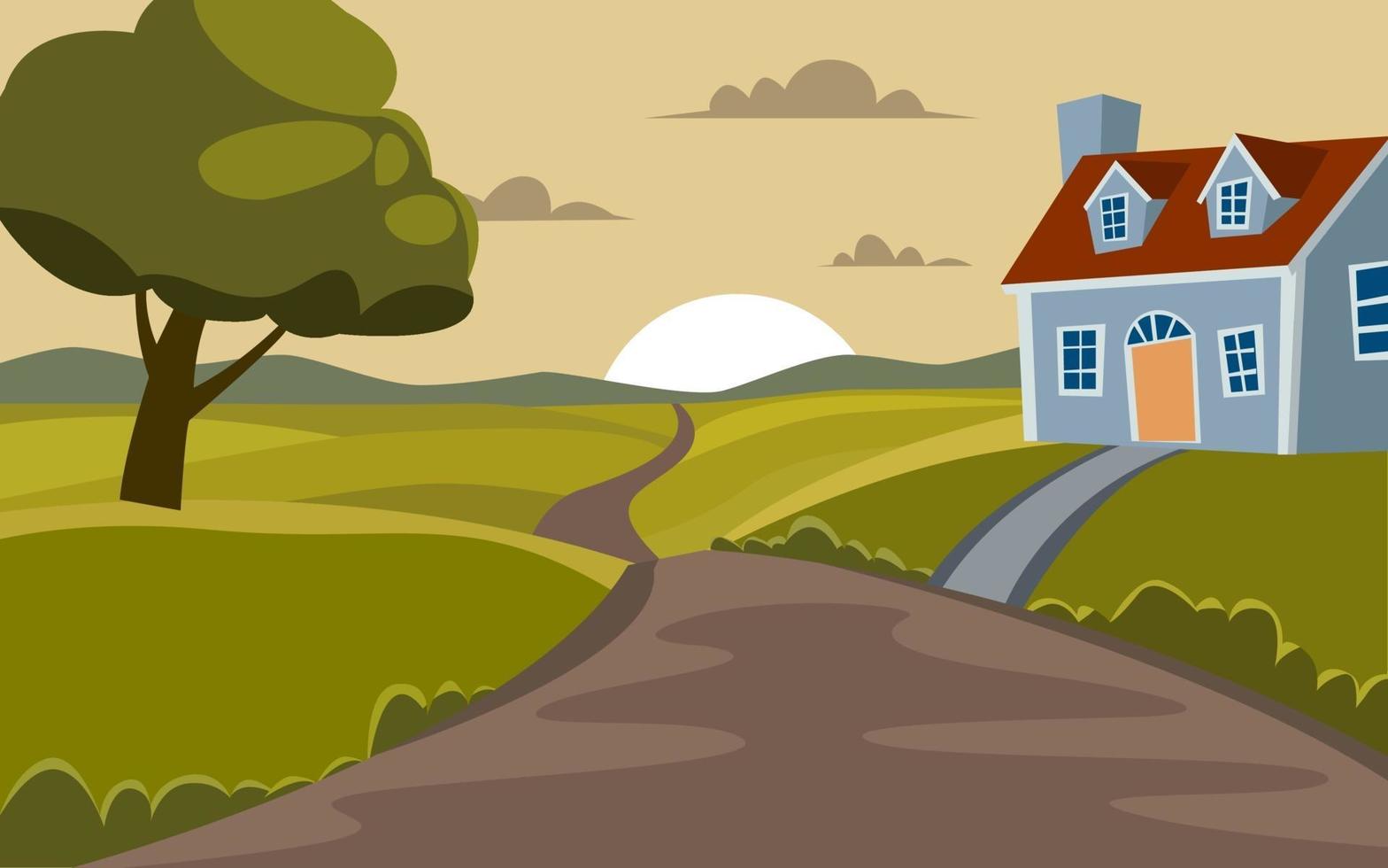 Cute Cartoon Countryside Landscape with House and Road vector