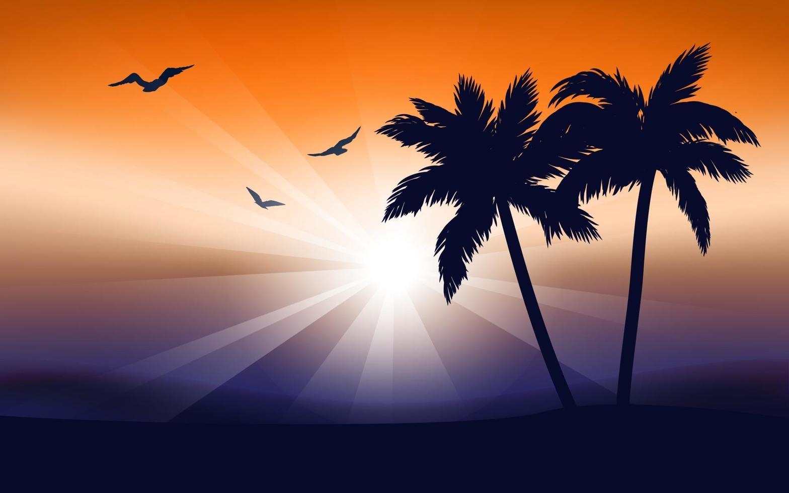 Tropical Landscape with Sunrise, Birds and Palm Trees vector
