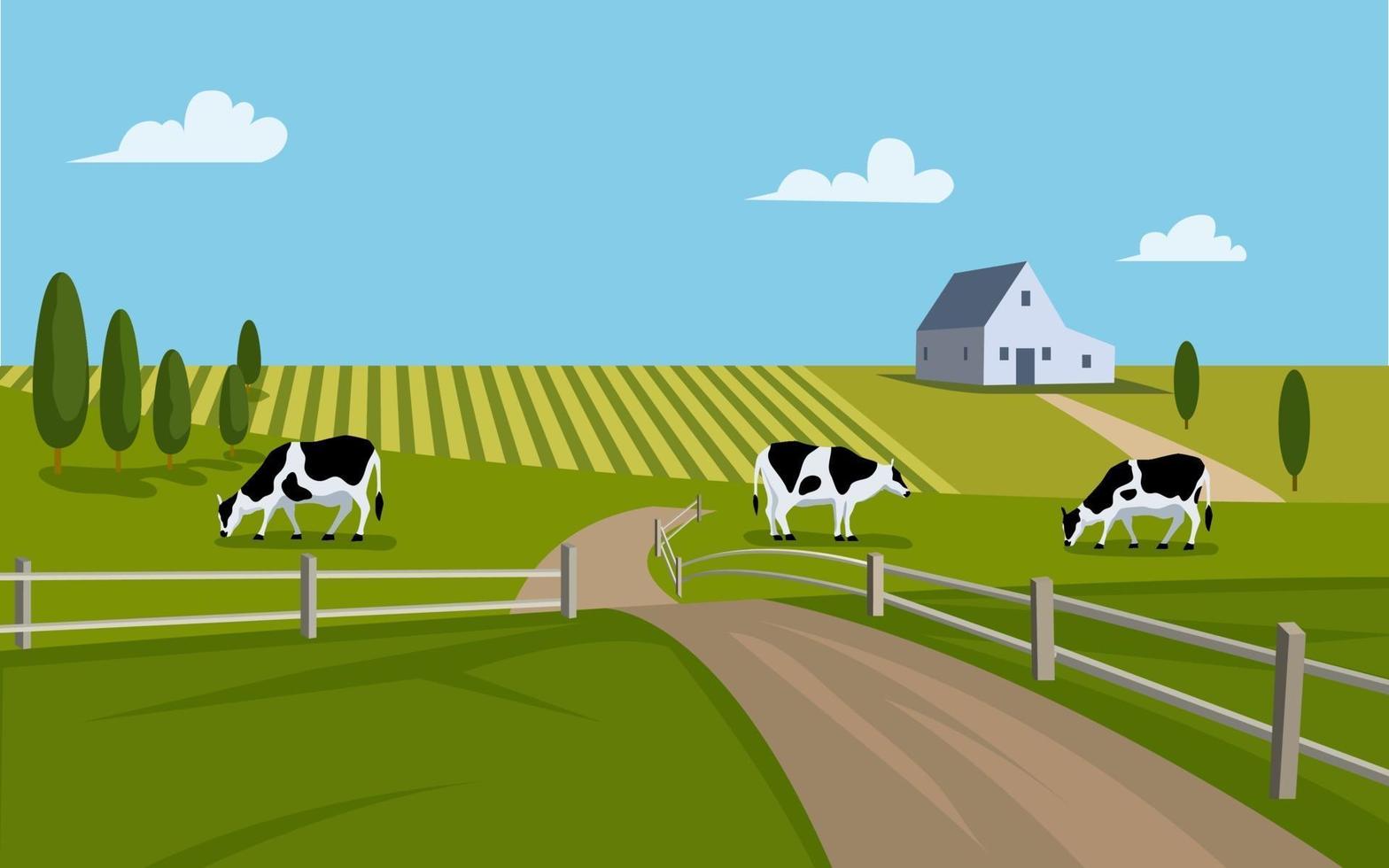 rancho de campo de vector con granero y vacas