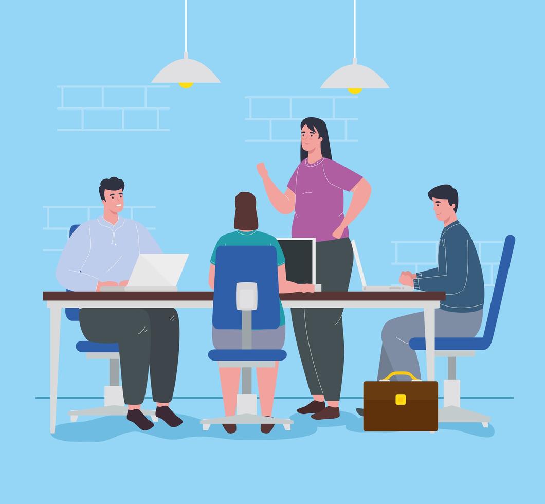People with laptops, team working concept vector