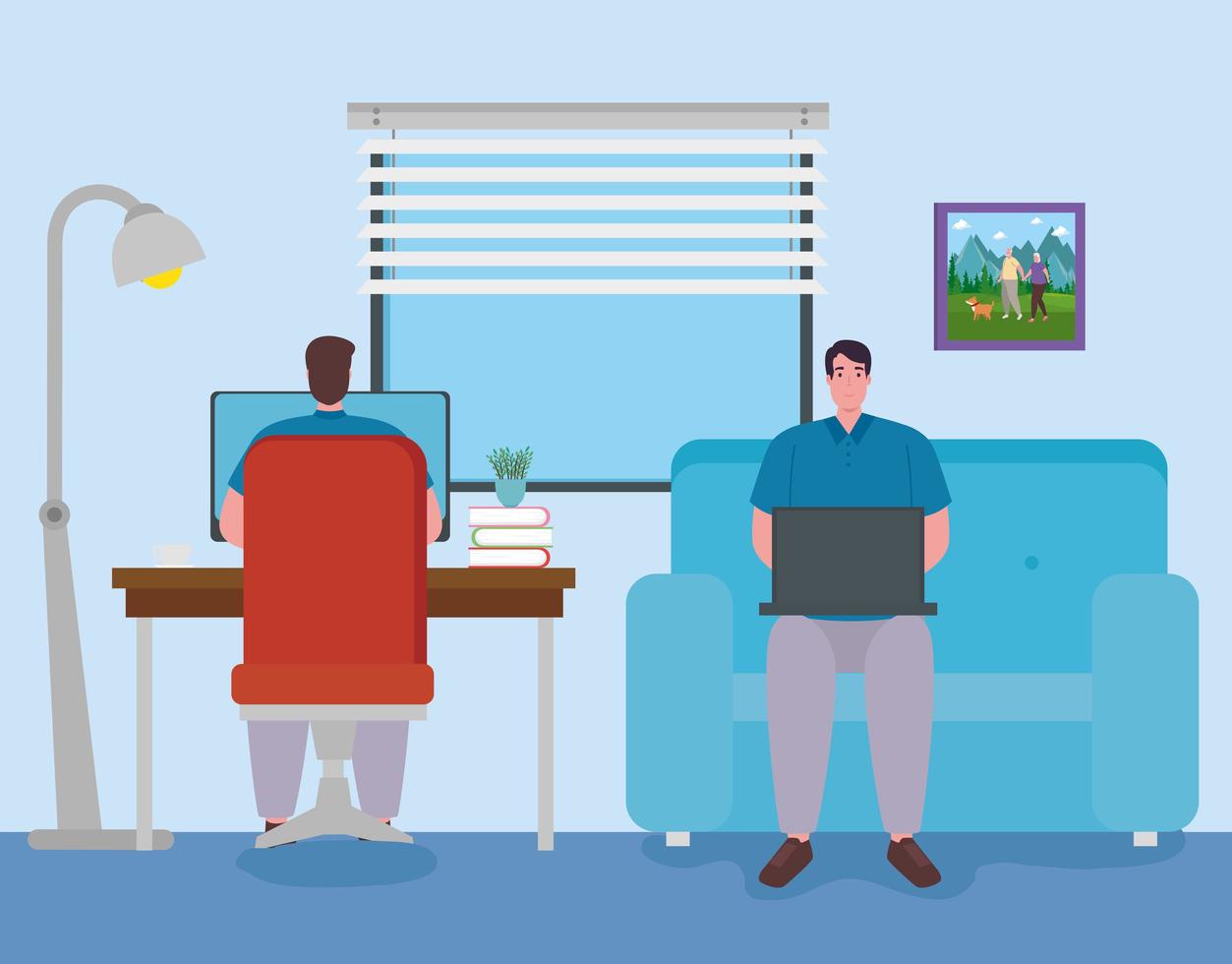 telework, young men working from home vector