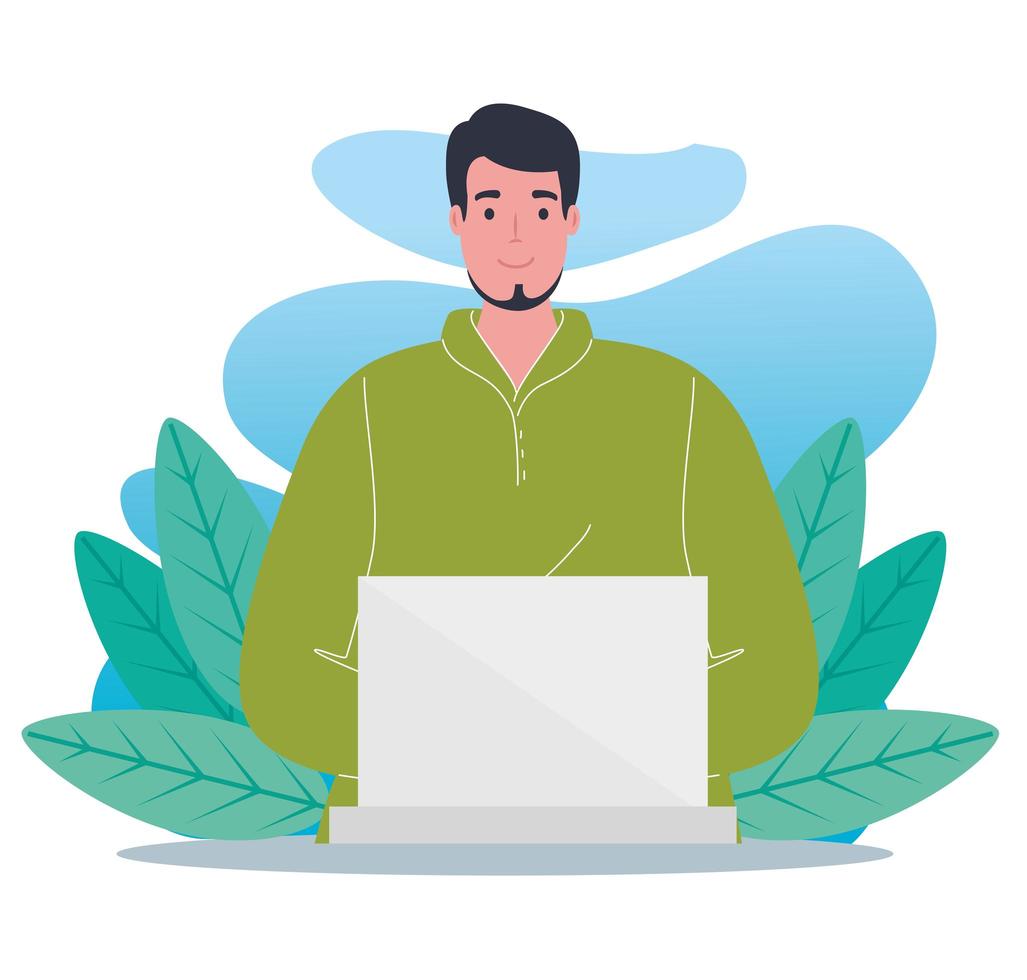 young man using laptop with tropical leaves vector