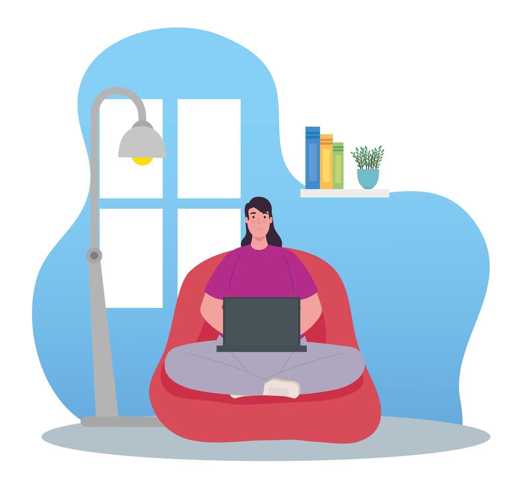 telework, woman using laptop working from home vector