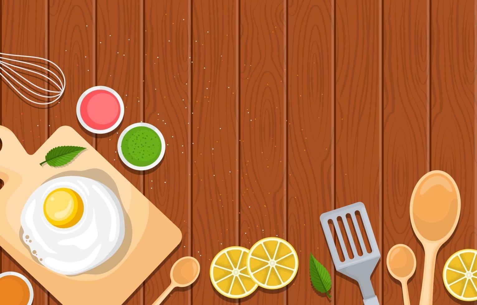 Egg on Board with Cooking Equipment and Fruit on Kitchen Backdrop vector