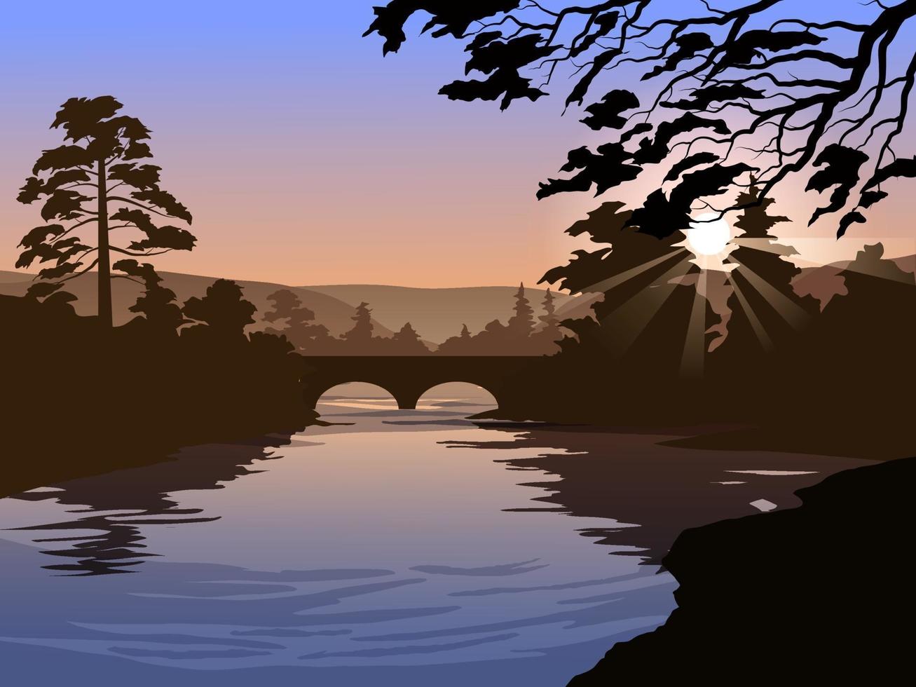 River and Bridge at Sunrise Illustration vector