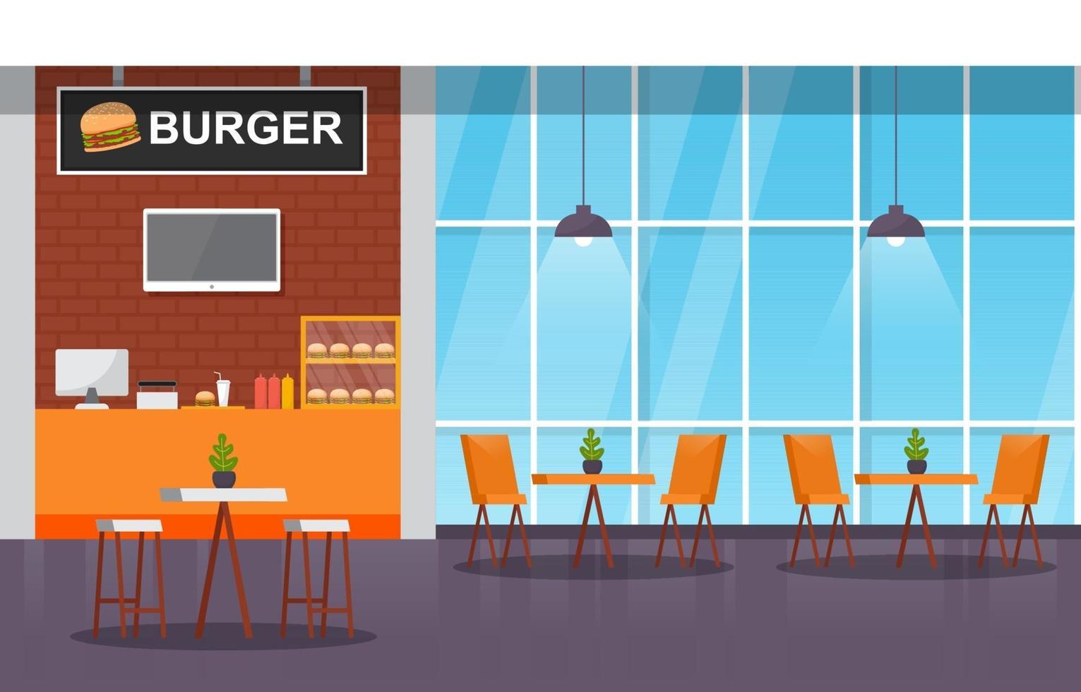 Food Court Interior with Empty Tables and Chairs vector