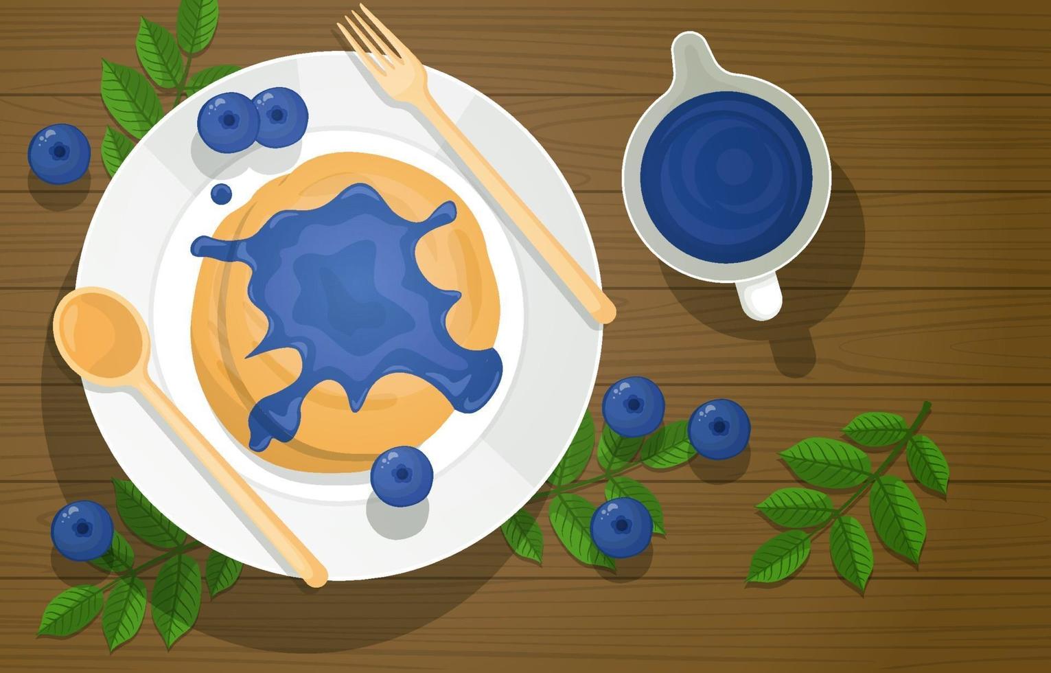 Blueberry Pancakes with Syrup and Cutlery on Wooden Table vector