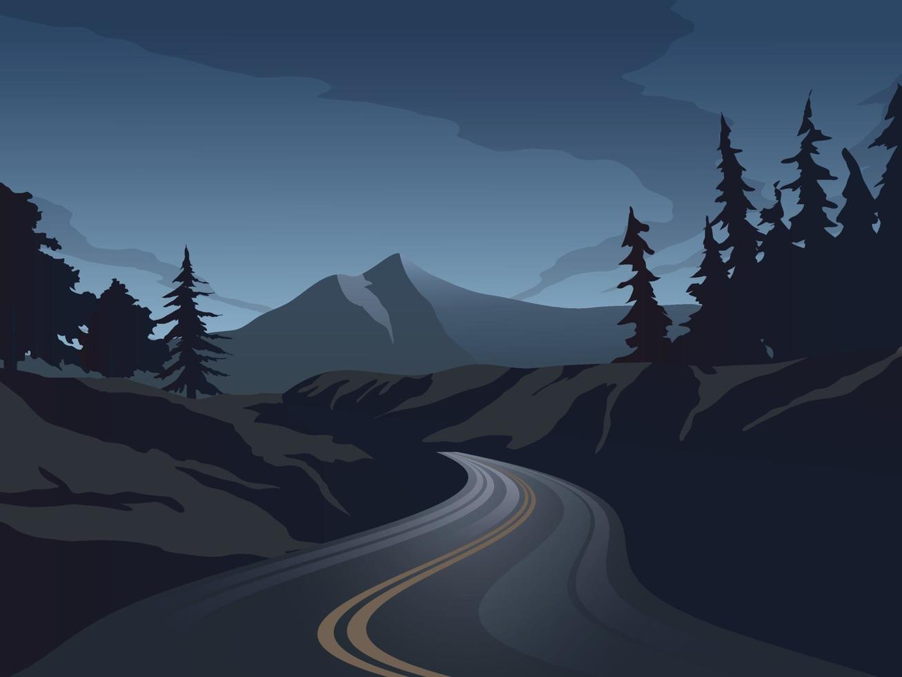 Vector Night Landscape with Empty Highway and Forest