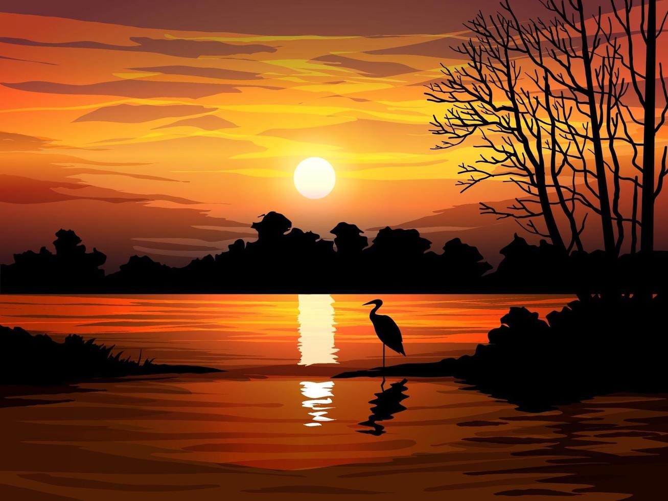 Beautiful Forest Sunset Scene with Lake vector