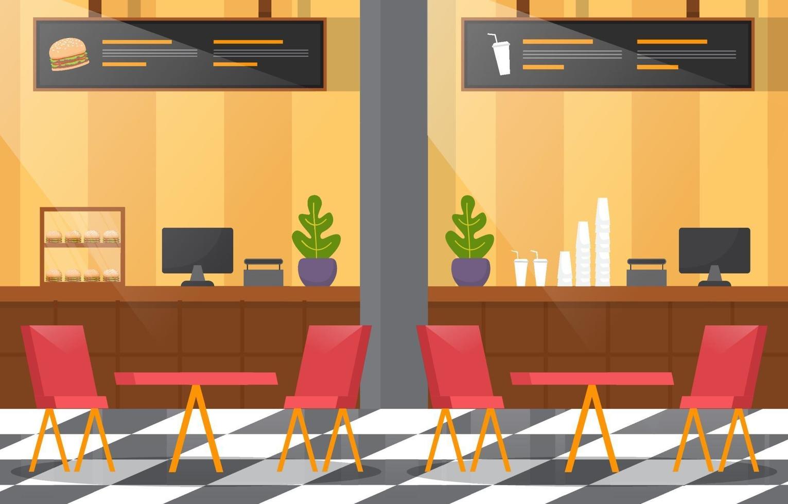 Interior del restaurante con mesas y sillas vacías. vector