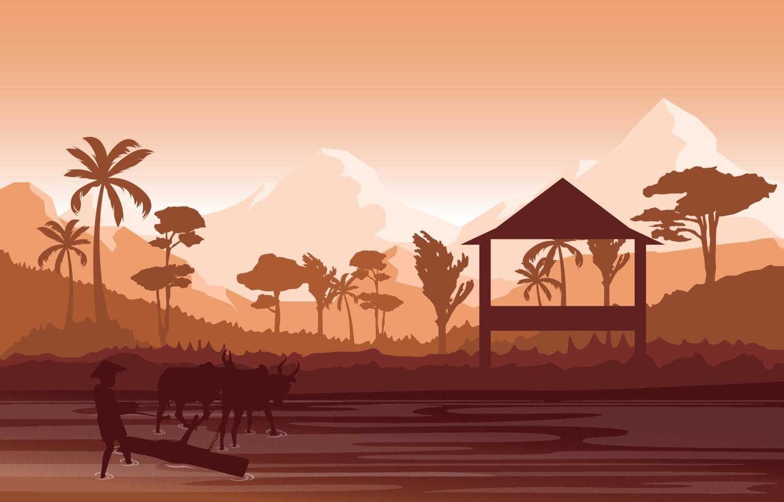 Asian Farmer Working in a Rice Field vector