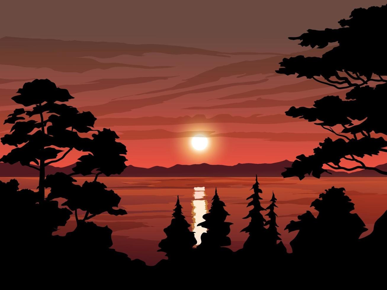 Vector Landscape of Trees and Lake on Sunset