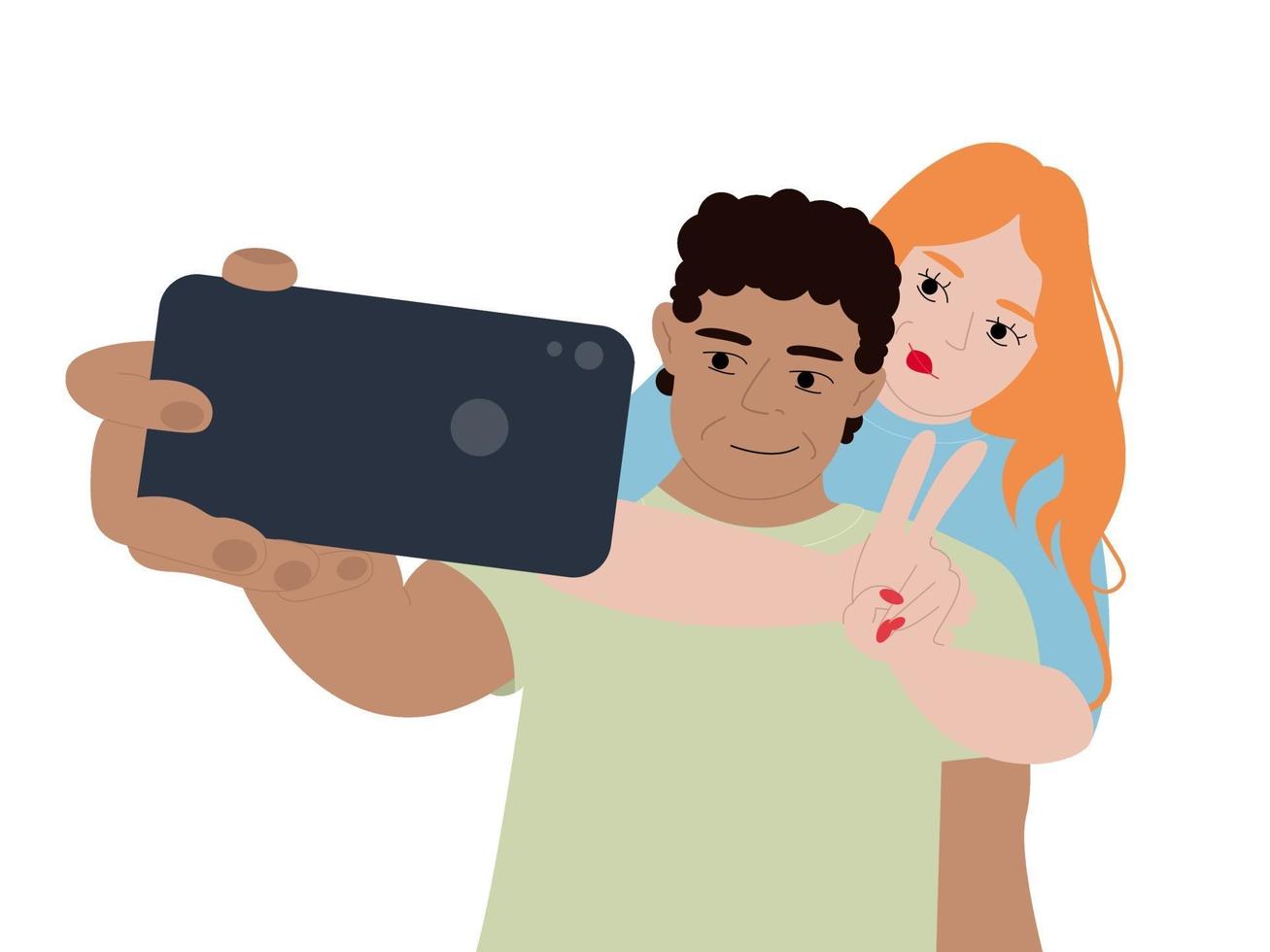 Vector illustration of a young happy loving couple makes  on a smartphone. A man and a woman are photographed together. Family on a romantic trip.
