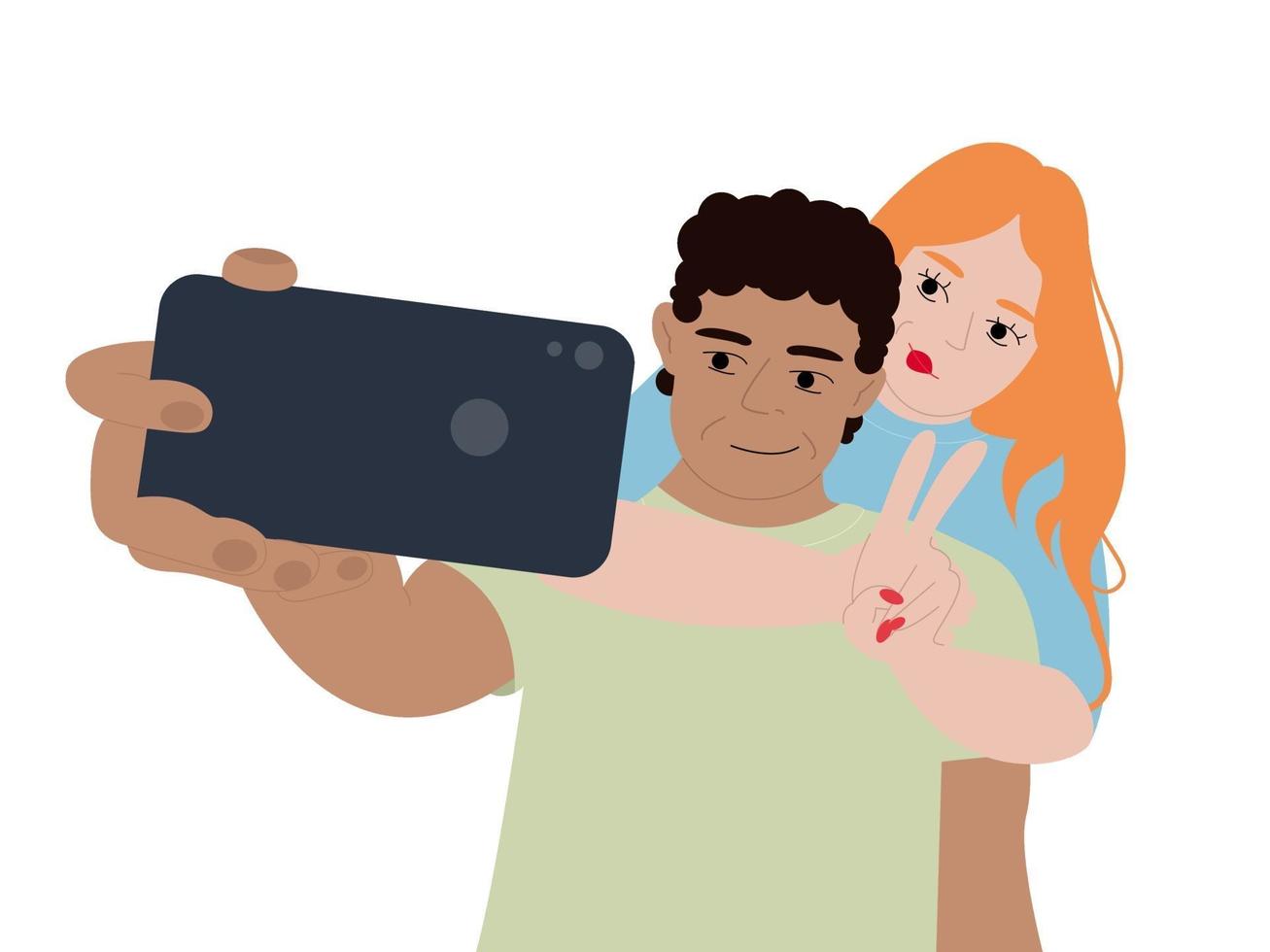 ilustración vectorial de una joven pareja amorosa feliz hace en un teléfono inteligente. un hombre y una mujer son fotografiados juntos. familia en un viaje romántico. vector