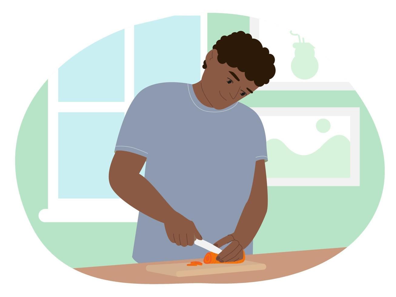 Ilustración de vector plano carácter de hombre alegre preparando comida para cocinar en casa. nutrición adecuada, niño cocina en la cocina. corta verduras para ensalada.