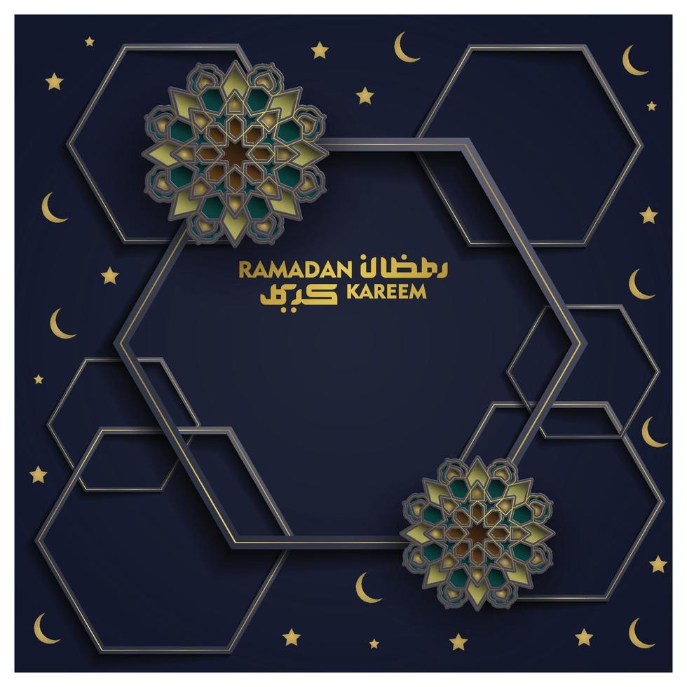 Ramadan Kareem Greeting Card Islamic Floral Pattern vector design with glowing gold arabic calligraphy