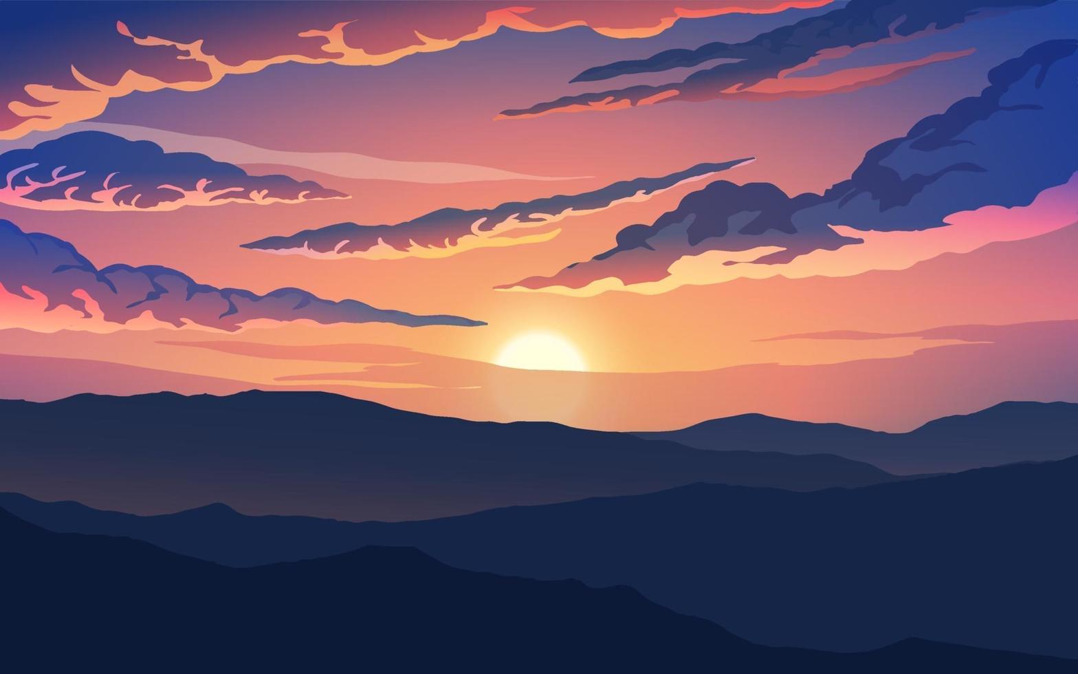 escena de puesta de sol de montaña nublada vector