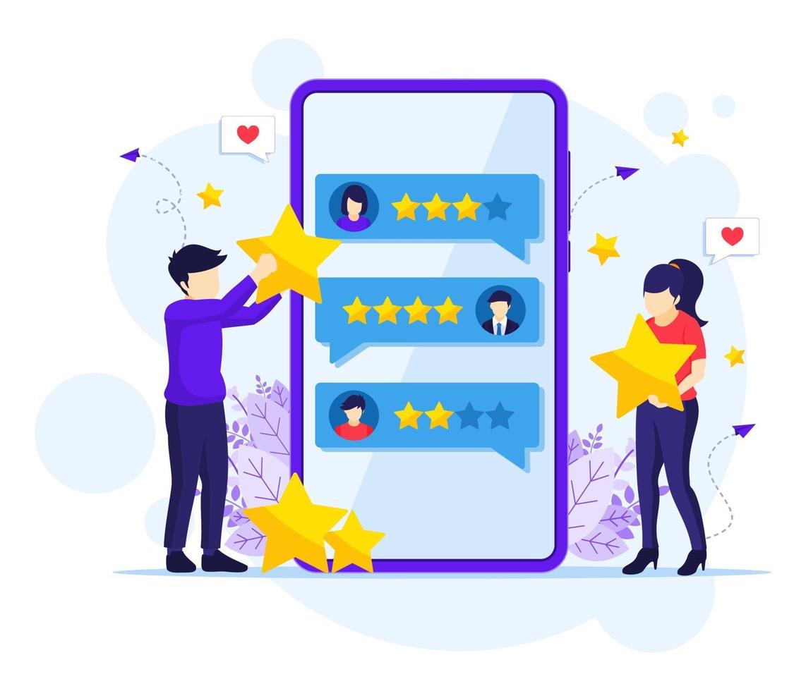 Customer reviews concept, People giving stars rating, feedback, satisfaction, and evaluation flat vector illustration