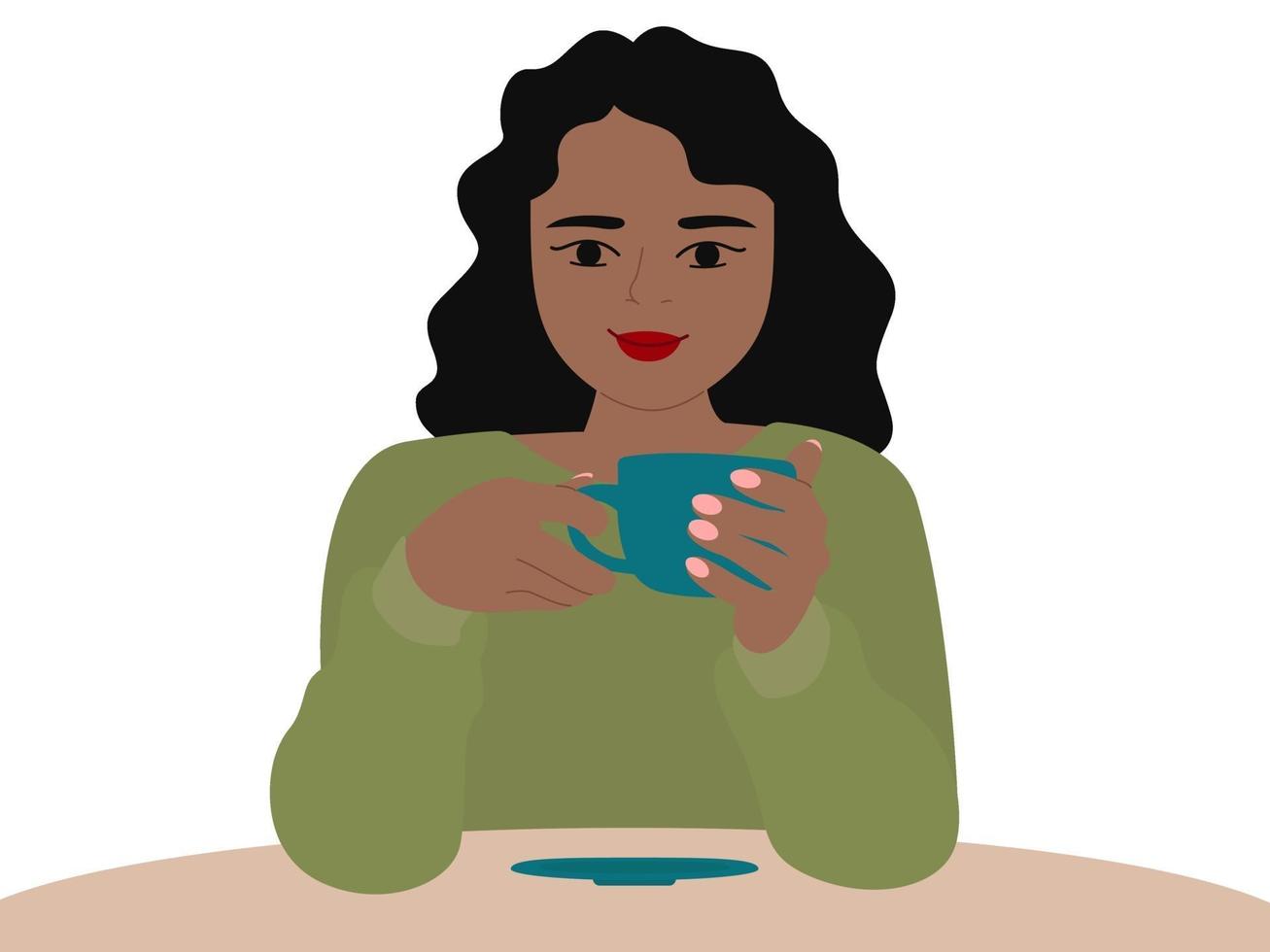 Beautiful cute young american african girl on a date drinks coffee. Vector illustration portrait of black happy woman in love at a table in a cafe holding a mug with tea.