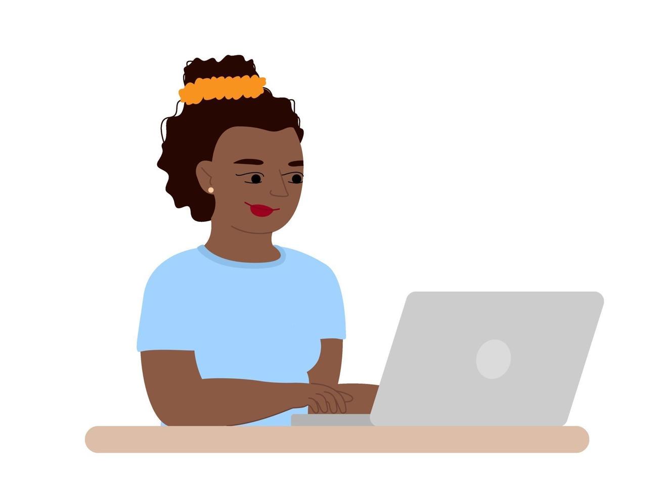 Vector illustration american african freelancer girl working on laptop at home. Black happy woman in the office at the computer flat style.