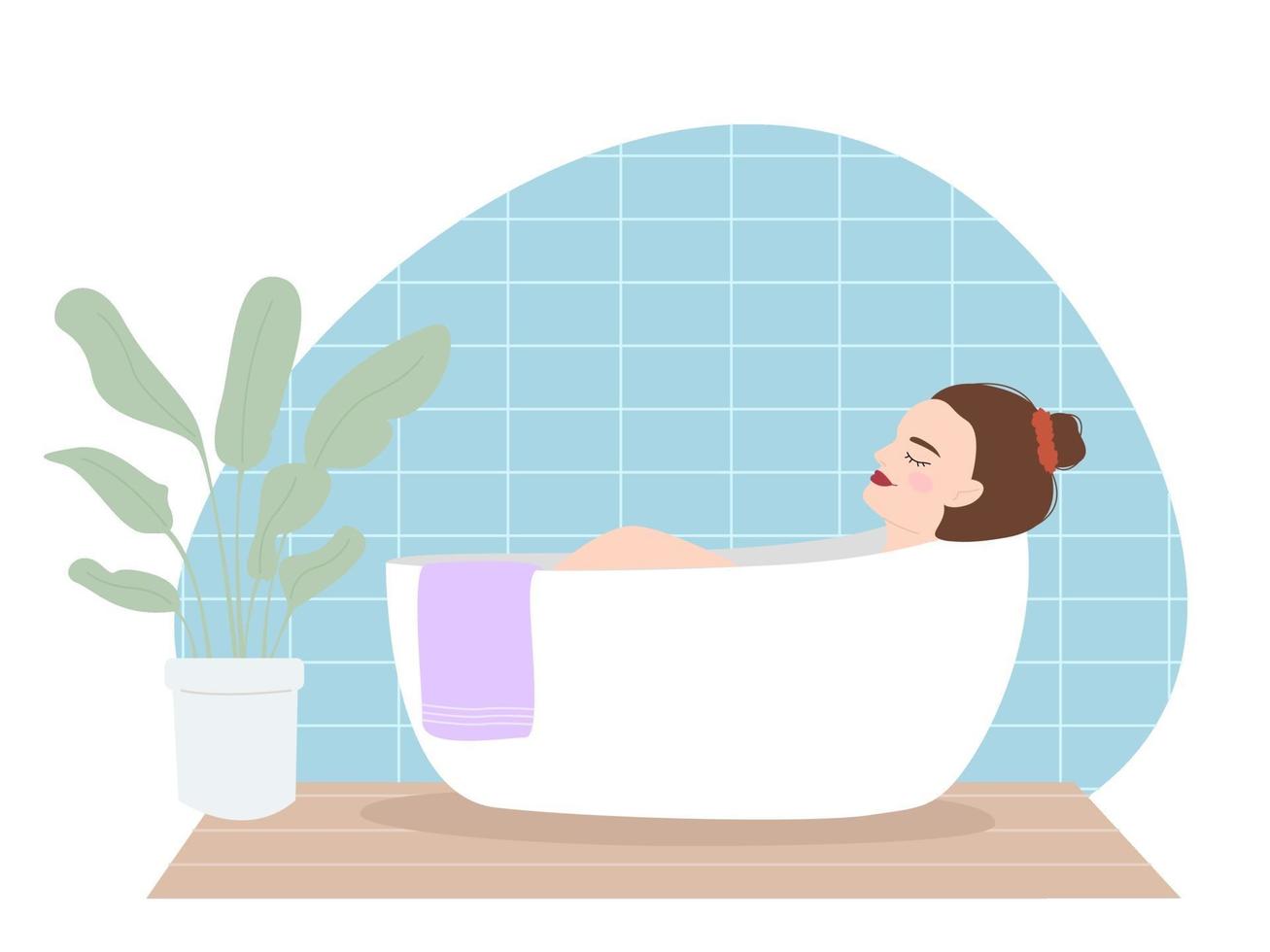 Vector illustration of a beautiful young tired girl takes a bath after a busy day. Everyday life and everyday life in a flat style. A woman relaxes in the bathroom with a Scandinavian style home plant