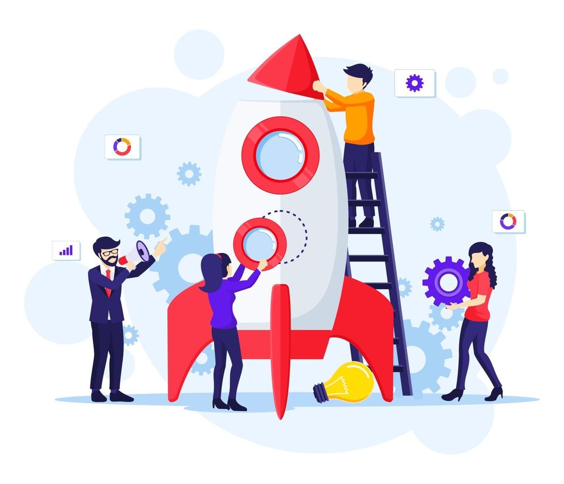 Business Startup concept, People are working together to build a rocket for launching a new business. Boost your business flat vector illustration