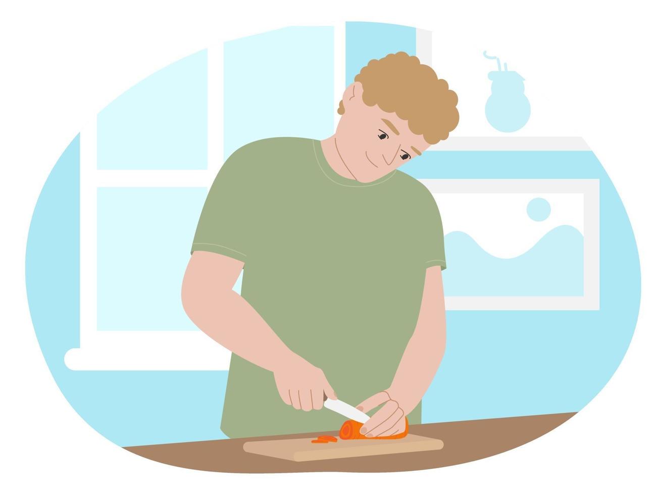 Flat vector illustration blond man character cheerful preparing cooking food at home. Proper nutrition, boy cooks in the kitchen. Cuts vegetables for salad.