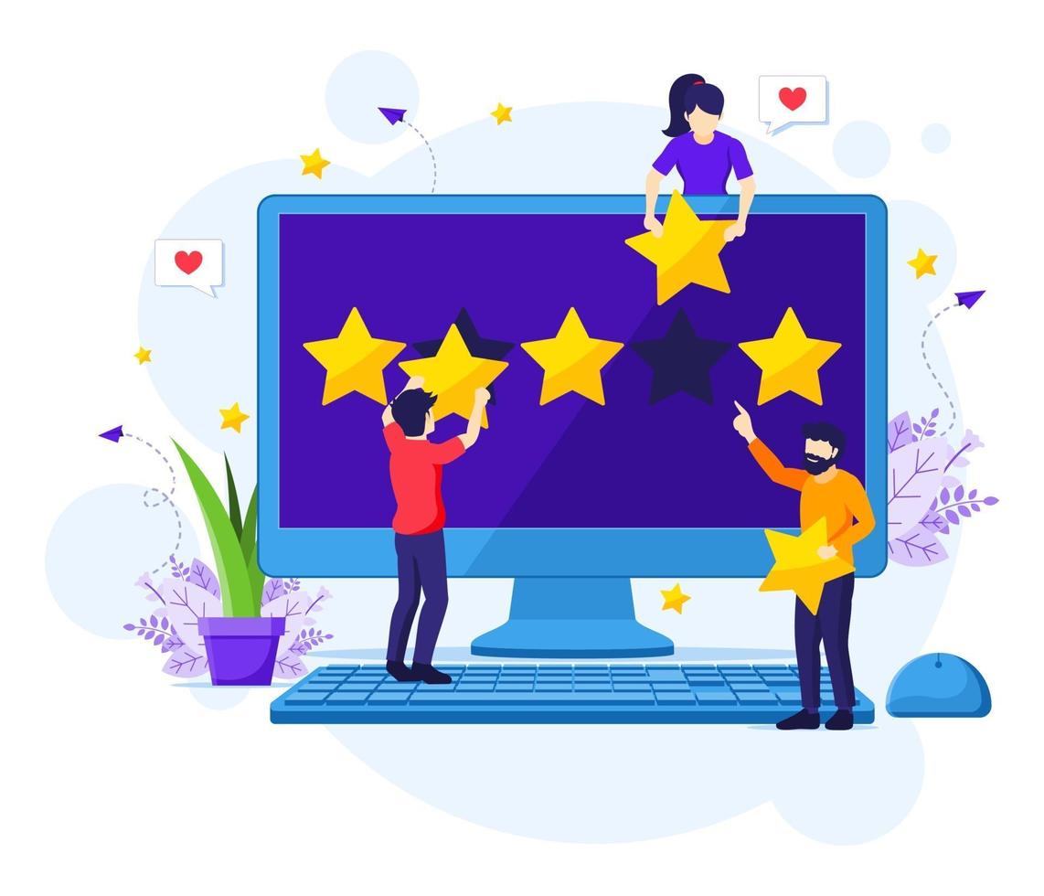 Customer reviews concept, People giving five stars rating and review, positive feedback. Customer Service and User Experience flat vector illustration