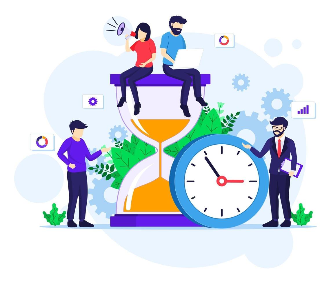 Time management concept with people working near a big clock and hourglass flat vector illustration