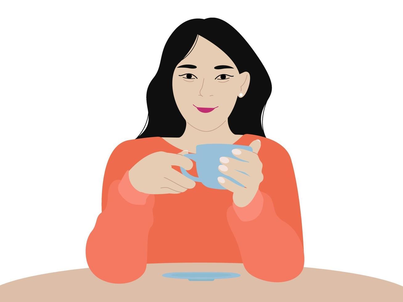 Beautiful cute young Asian girl on a date drinks coffee. Vector illustration portrait of a woman in love at a table in a cafe holding a mug with tea.