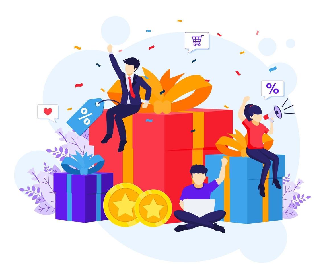 Loyalty marketing program, People near big gift boxes, discounts, rewards card points, and bonuses flat vector illustration
